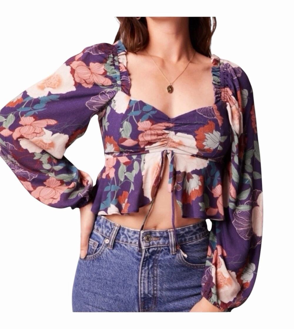Band of the Free NWT Floriane Purple Floral Balloon Sleeve Crop Top Women Large